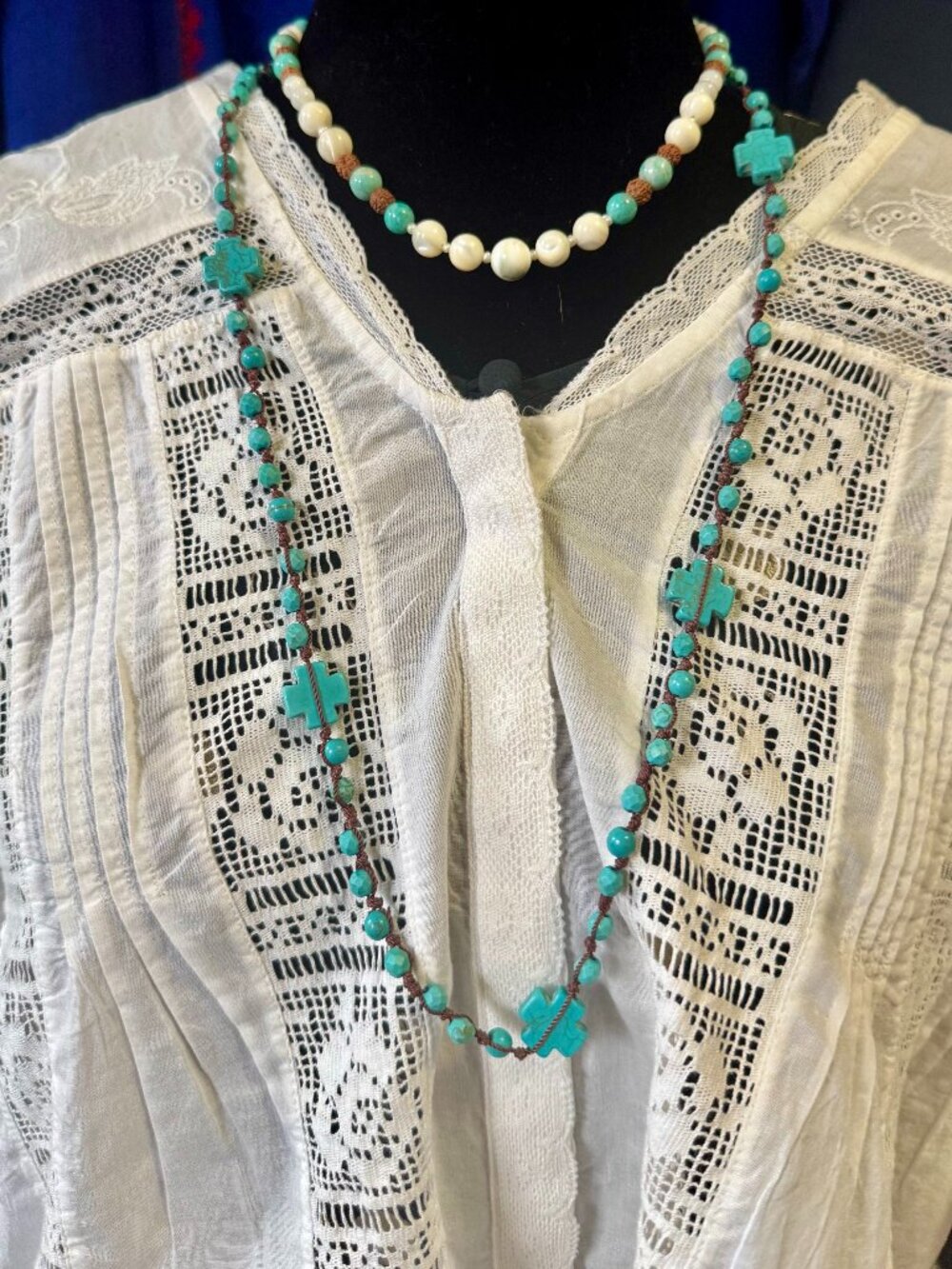 Faux Turquoise 30 inches Long Necklace & Cross Earrrings